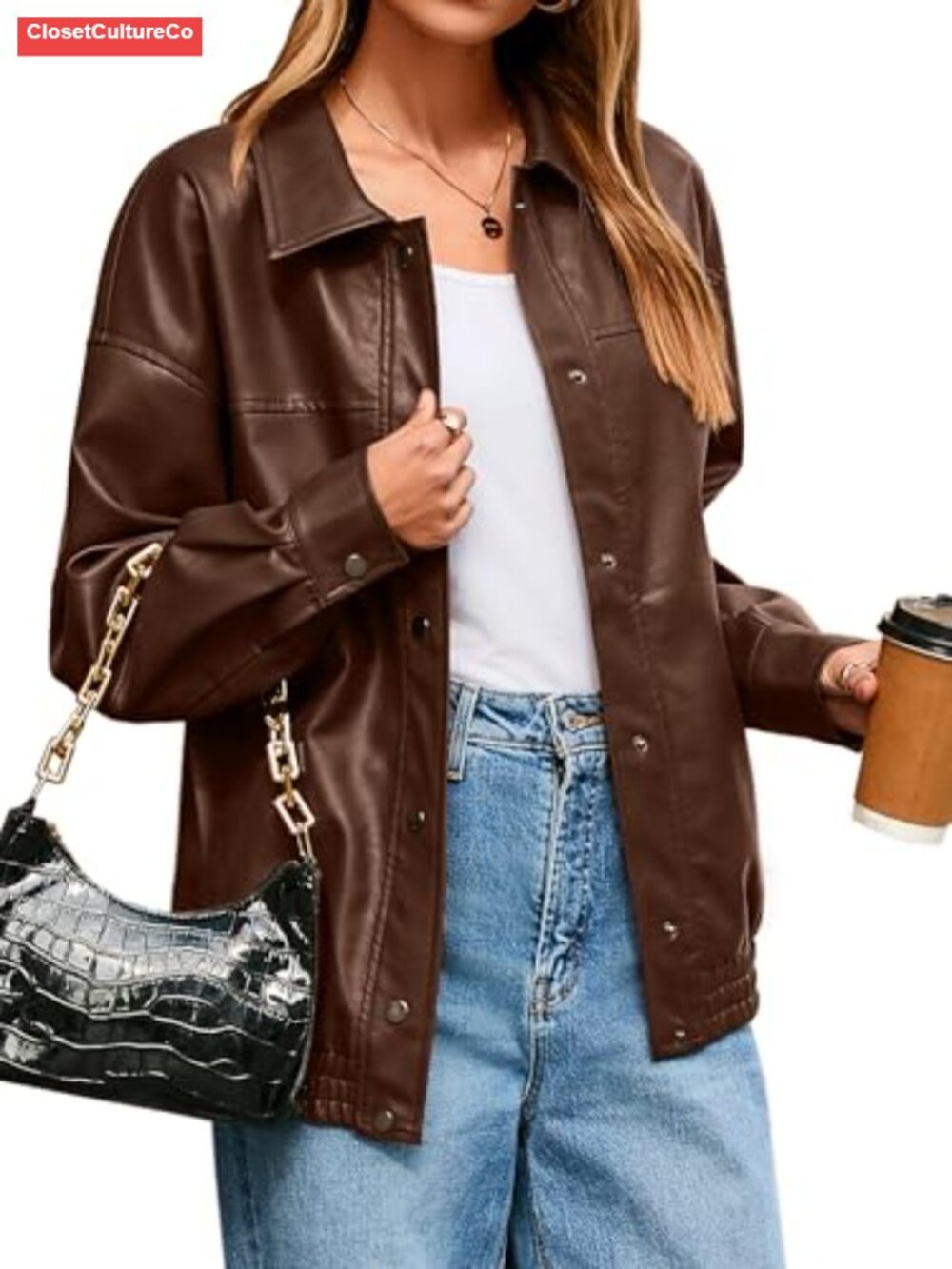 Faux Leather Jacket Loose Fit Button Down Motorcycle Bomber Fall Winter Coat